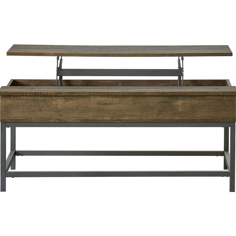 Table basse rectangulaire à plateau relevable avec base en chêne brun et métal noir pour un espace de vie moderne et sablonneux