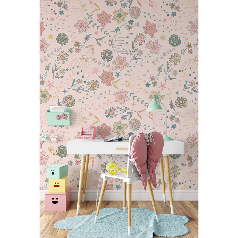 Papier peint amovible fleurs rose et bleu, L 48,96 po x l 75 po, Rose