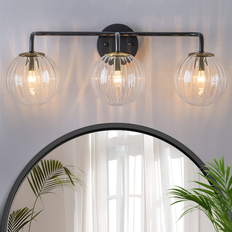 3 - Light Dimmable Vanity Light With Sphere Globe Ribbed Glass, Matte Black