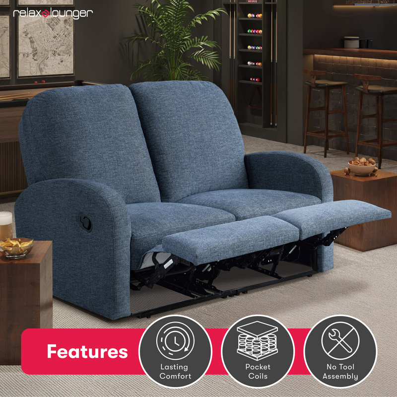 Hallstead Manual Reclining Loveseat 58.3 Soft Modern Curved Arm Pocket Coil Comfort Easy Assembly, Blue