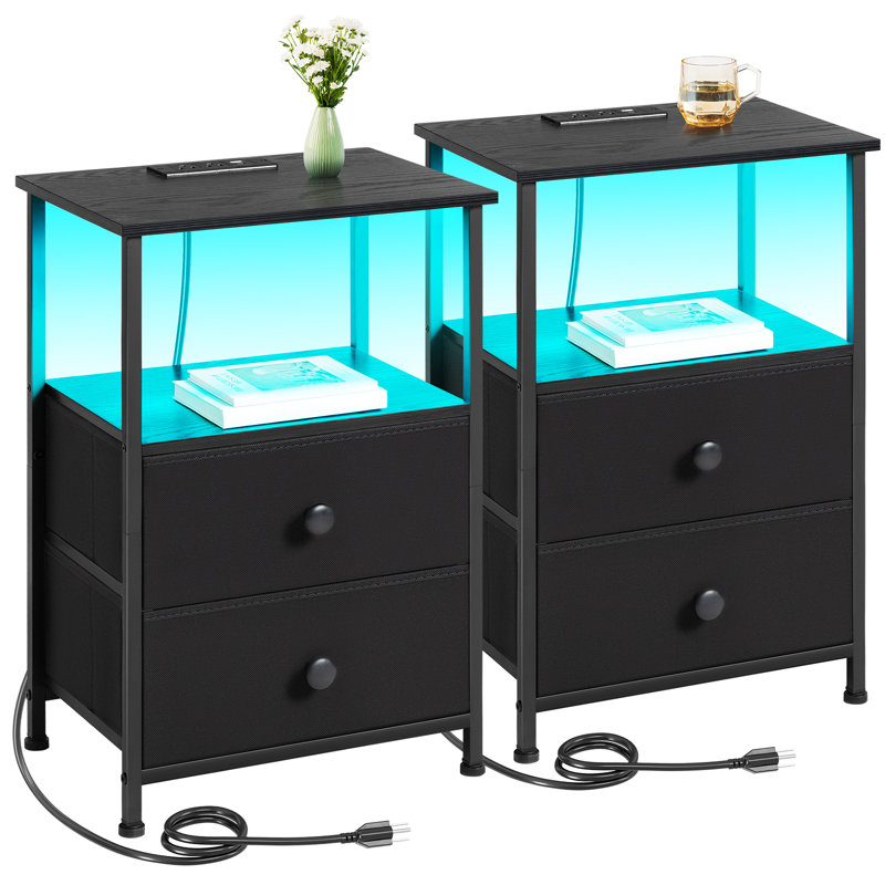 Petite table de chevet avec 2 tiroirs, station de charge et lumière DEL, ensemble de 2, Black