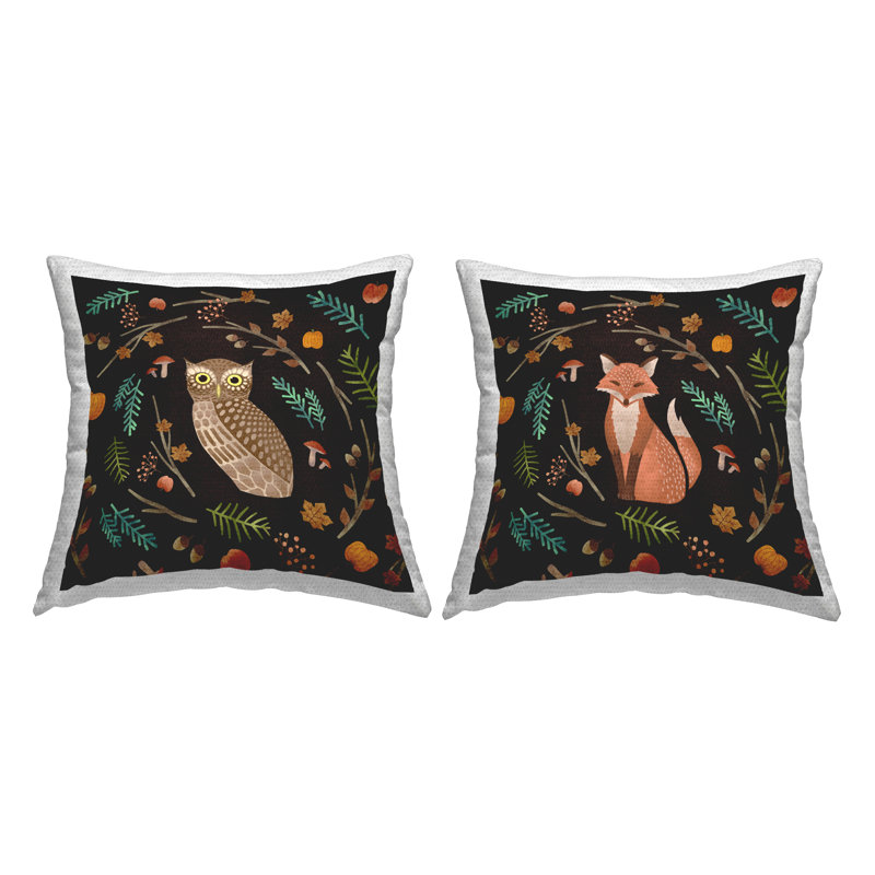 Ensemble de 2 coussins décoratifs d'extérieur Cozy Autumn Botanicals Owl & Fox Woodland Creatures par Ziwei Li