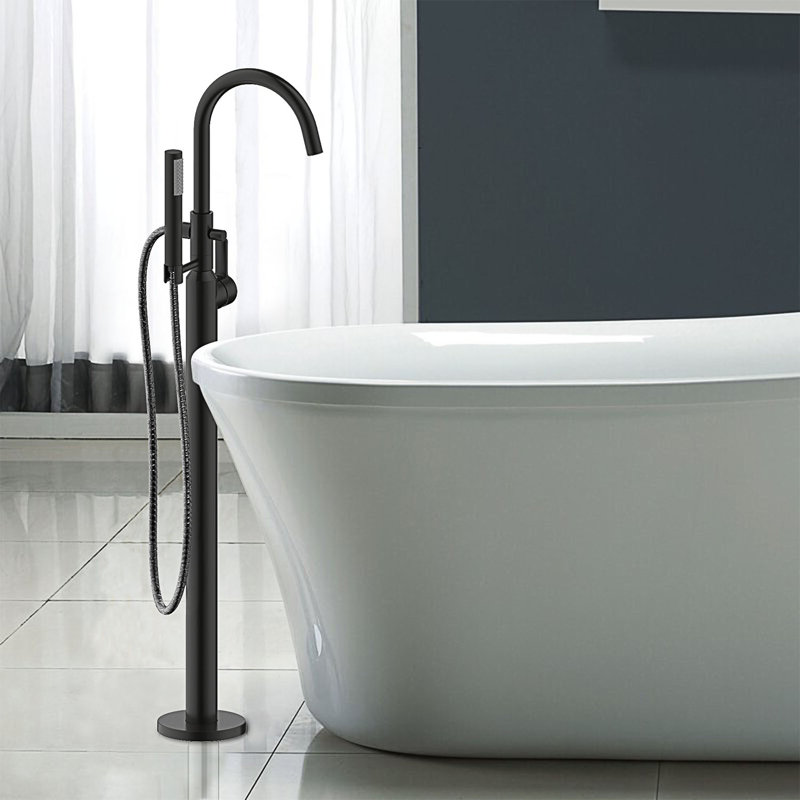 Robinet de baignoire romaine à fixation sur le plancher à poignée simple avec douche à main Euro Collection - Noir mat