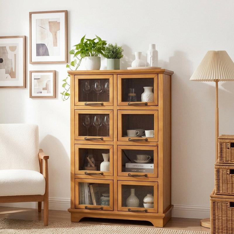 Vitrine de rangement moderne de style ferme de 38 cm de large avec 8 portes vitrées et bois massif