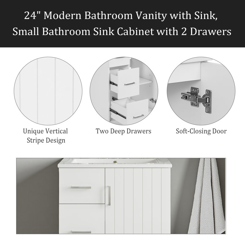 Meuble-lavabo moderne 24 po avec lavabo, petite armoire de lavabo avec 2 tiroirs et porte à fermeture douce, meuble-lavabo sous-comptoir avec tiroirs