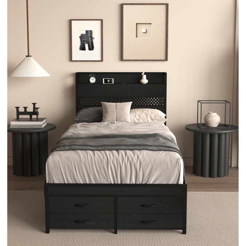 Structure de lit simple en métal noir avec fonction de rangement et de charge - Améliorez la taille de votre chambre à coucher