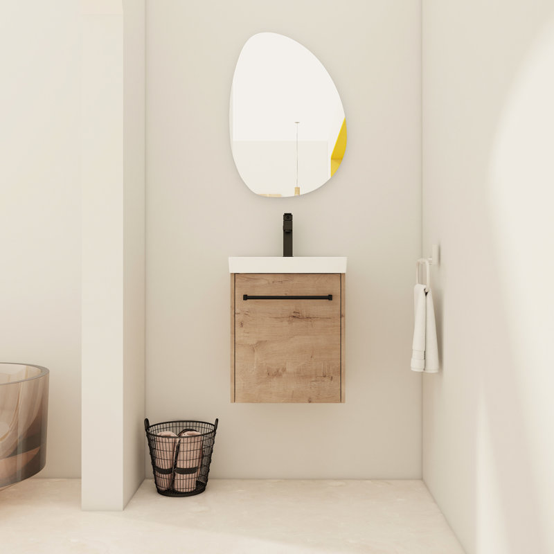 Meuble-lavabo de 18 po avec conception murale flottante, lavabo en céramique, porte d'armoire à fermeture en douceur, petite solution, lavabo à trois couches, charnières en acier inoxydable, meuble-lavabo moderne à poignée en métal, compact