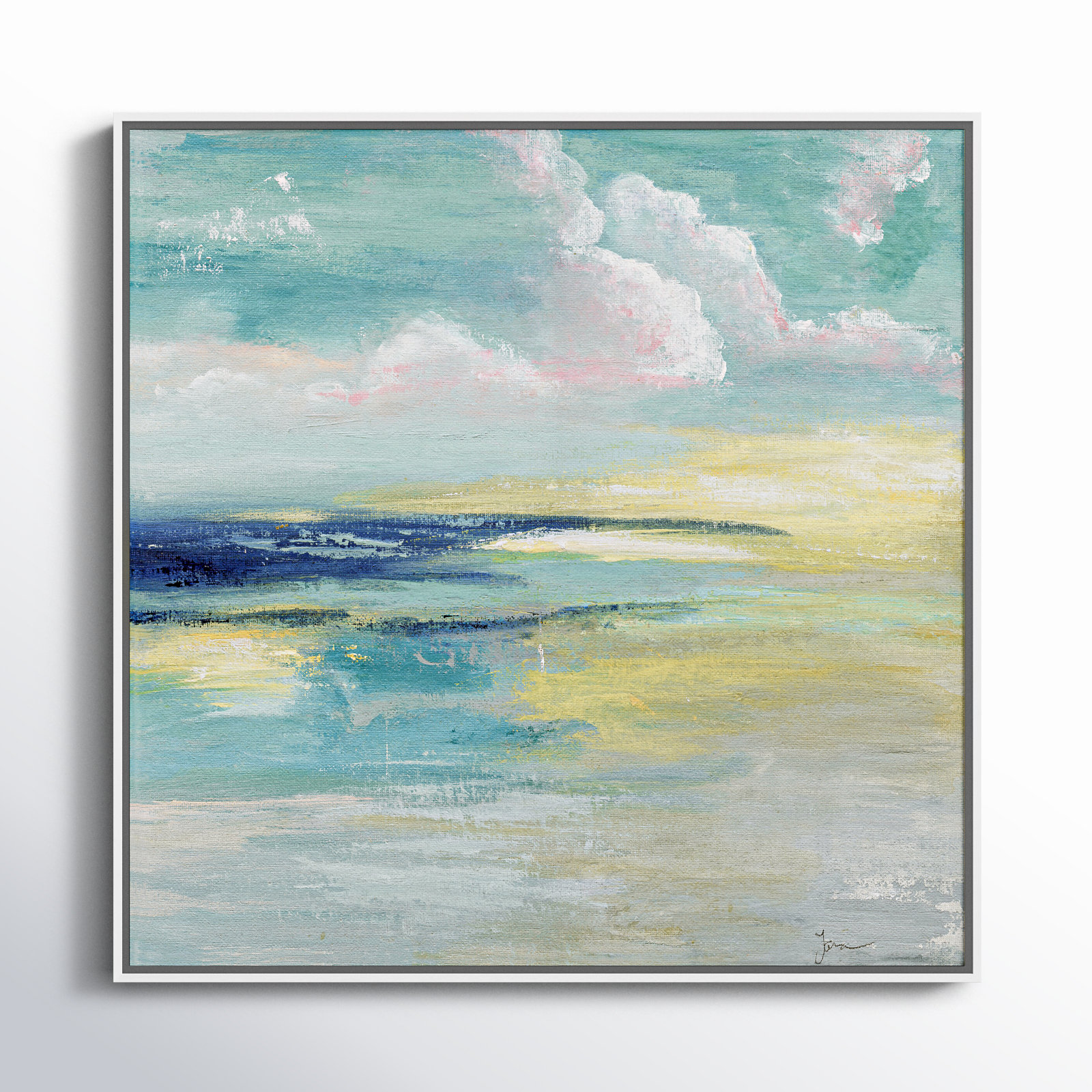 Bertie "Ocean View" Painting by Tava Studios, White Framed Canvas, 46.5" H x 46.5" W x 2" D