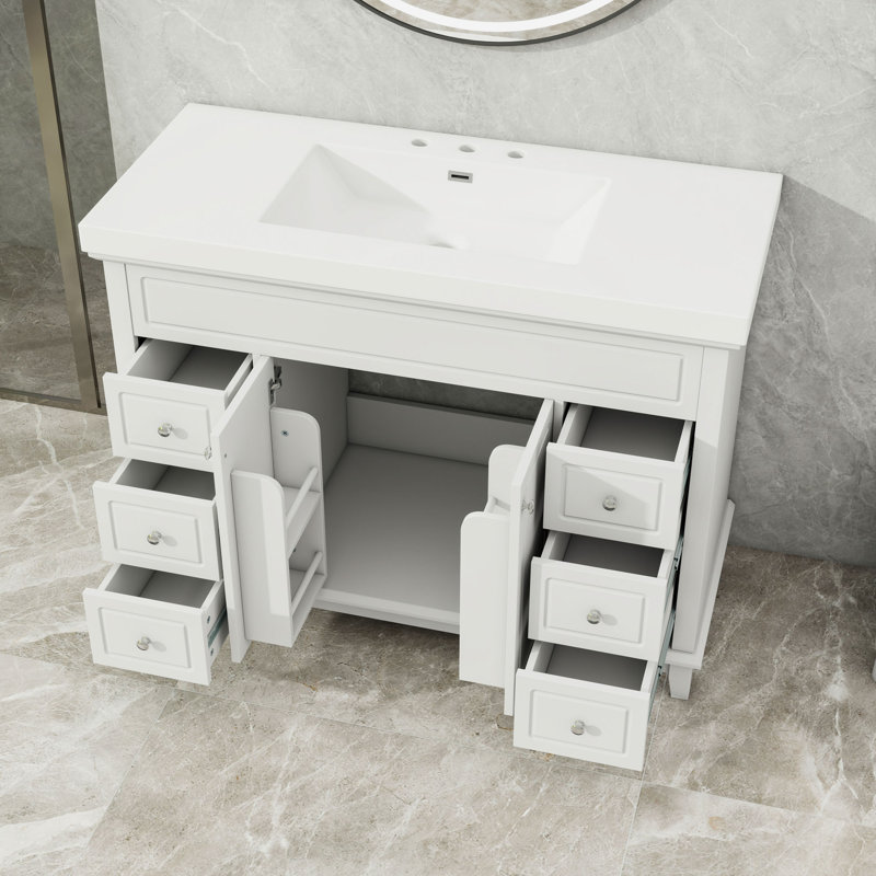 Meuble-lavabo de salle de bain avec lavabo en résine, 6 tiroirs et 2 portes à fermeture en douceur