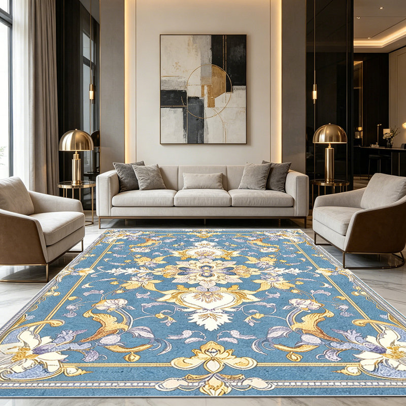 1PC Vintage Persian Floral Blue Gold area rugs for Living Room, Soft, All seasons, Easy-maintain, Washable Indoor mat, Farmhouse suitable for dining table, bedroom, entryway, kitchen, home office, patio Home Decor, Outdoor Decor.