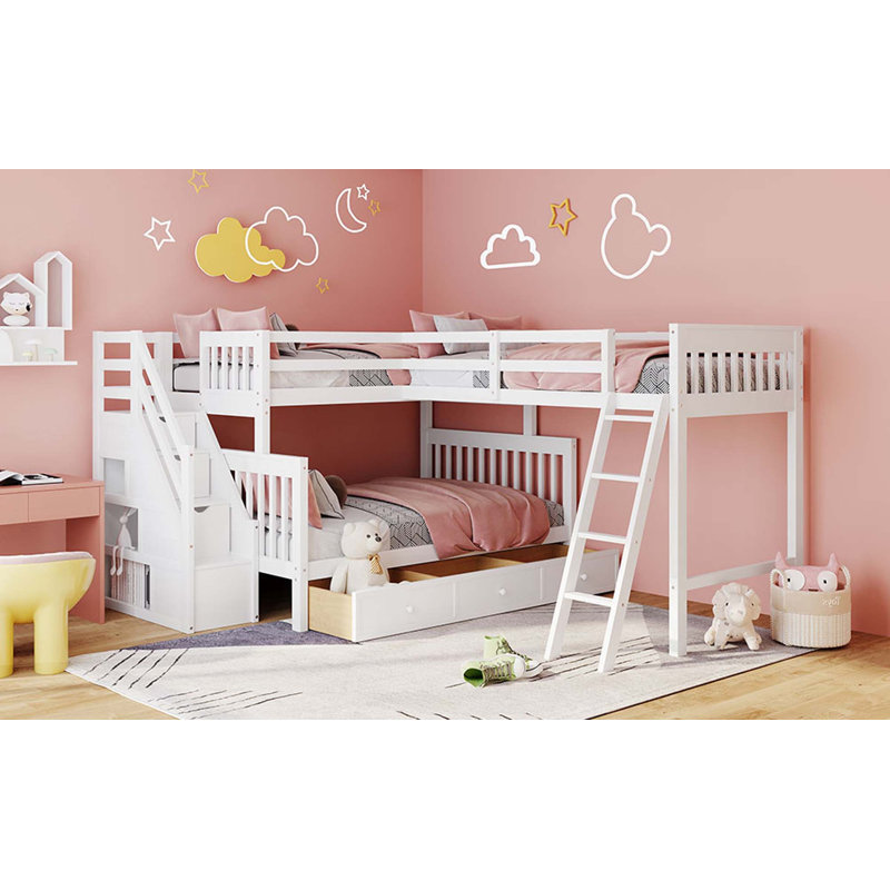 Twin Over Full L-Shaped Bunk Bed With 3 Drawers, Ladder And Staircase, White