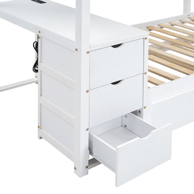 Lit superposé blanc Twintwin avec prises et lit gigogne - chambre à coucher moderne avec bureau, rangement, lit simple