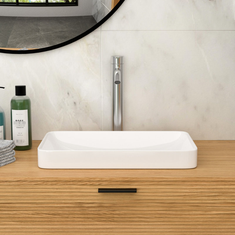 Lavabo de salle de bain en céramique blanche de 19 po x 12 po, conception de cuve de comptoir, pour les acides et les taches, installation sans effort, bonde allongée standard de 12 po x 19 po, construction, faible absorption d'eau, nettoyage simple
