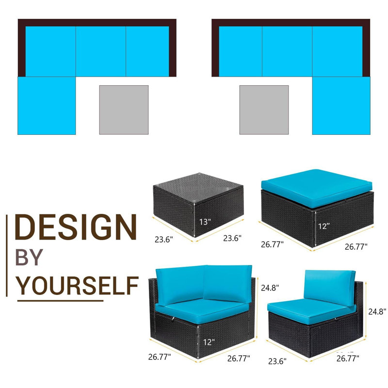 Ensemble de conversation modulaire en rotin avec coussins 5 pièces Huang, Bleu / Rouge, Brun