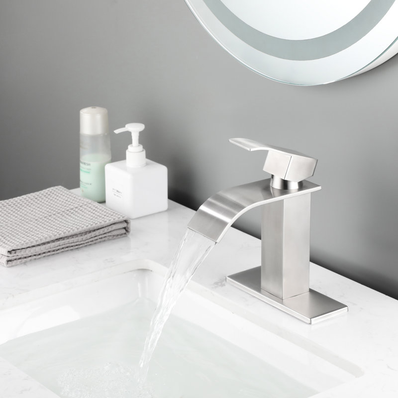 Stainless Steel Waterfall Spout Bathroom Faucet, Single Handle In Brushed Nickel With Special Surface Treatment Sink For Use