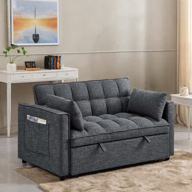 Tufted Convertible Sleeper Sofa With Chaise With Foldable Seat Back And Pull-out Chaise Lounge Extension