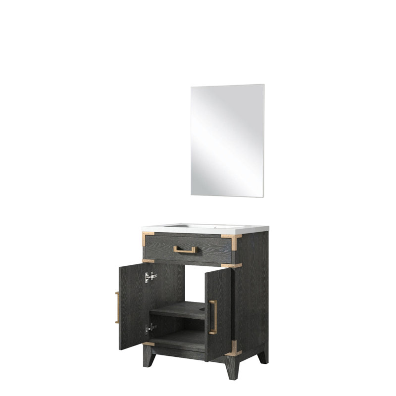 24 po De salle de bain en chêne noir l 18 po x P 18 po avec plateau en acrylique et miroir à fermeture douce, Noir