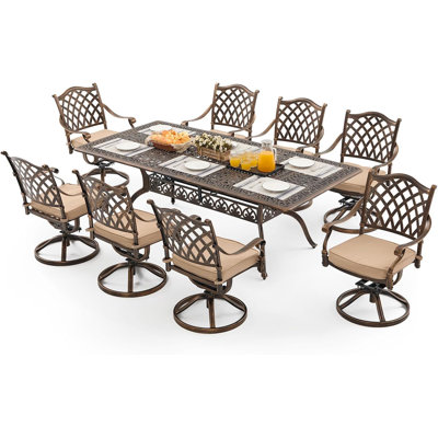 Ensemble de salle à manger 9 pièces pour l'extérieur en fonte d'aluminium, ensemble de salle à manger pour 8 personnes comprenant 86,6 po de table et 8 chaises pivotantes