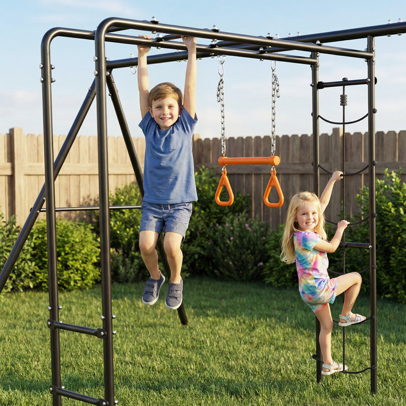 Ensembles de balançoire pour la cour arrière avec barres à singes, balançoire à ceinture, balançoire à plateforme, filet d'escalade, barre de trapèze, ensemble de jeu extérieur pour enfants