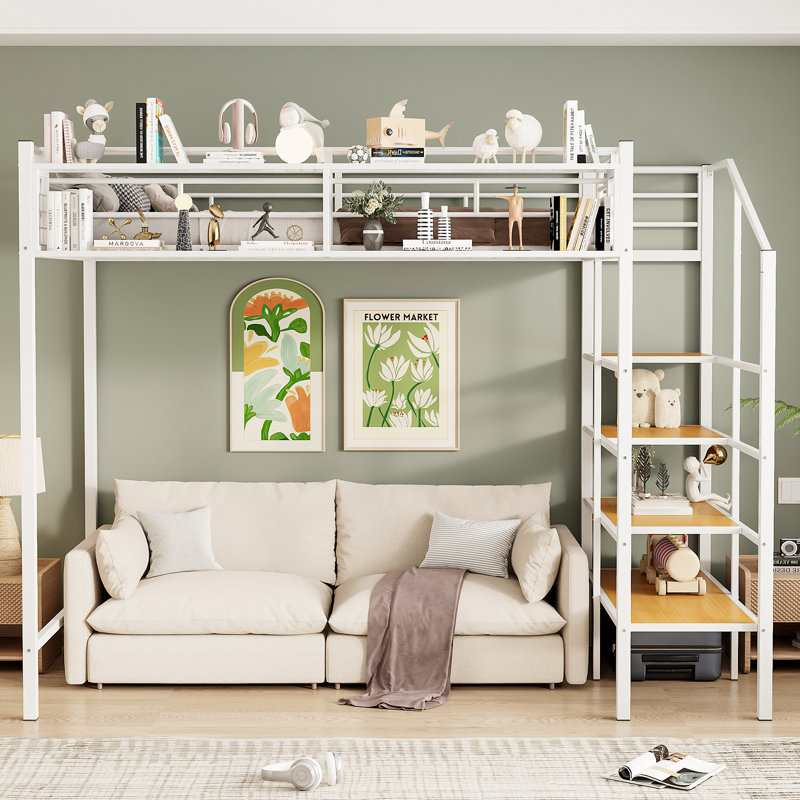 Twin Size Metal Loft Bed with Upper Grid Shelf & 4-Layer Storage Ladder, Space-Saving Black Design — White Elevated Space-Saving Bed