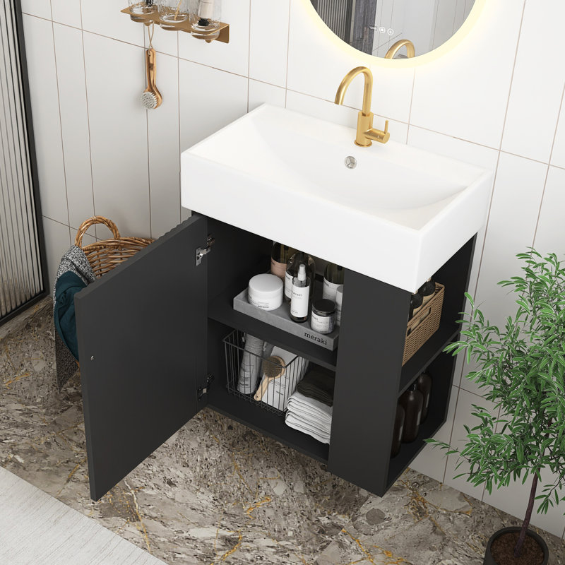 Meuble-lavabo flottant noir moderne de 22 po avec lavabo en céramique, rangement à droite, pour les petites salles de bain