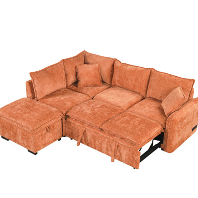 Living Room Bed In Orange With Storage And Pillows - Cozy Practical Convertible Sectional Electrical Outlets Space