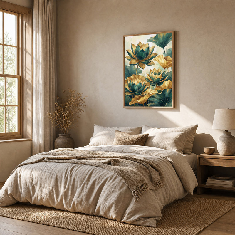 Art mural sur toile bleu sarcelle et fleurs de lotus et feuilles, H 48 po x l 32 po