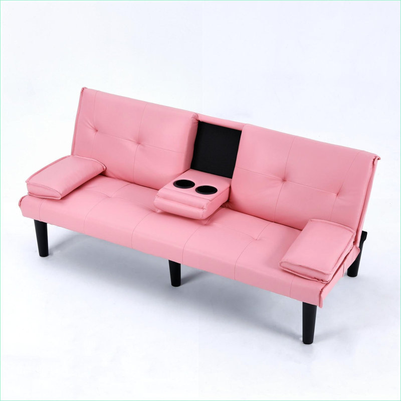 Sofas Couches | 67" Modern Convertible Sofa Bed, Cup Holder, for Apartment Dorm Office | Pink | PVC, Pink