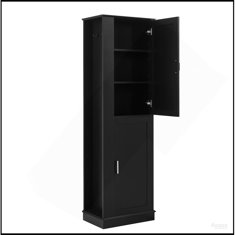 Tall Bathroom Storage Cabinet, Freestanding Storage Cabinet With Hook And Adjustable Shelf, MDF Board, Black, Black