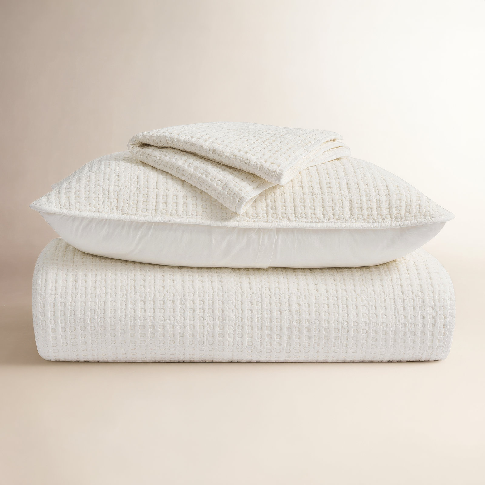 Stonewashed 100% Natural Cotton Waffle Quilt Set, King Quilt + 2 King Shams, Bright White