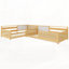 Structure de lit simple en L pour 2 enfants, lits convertibles détachables avec tableaux blancs, lit pour enfants en rotin avec étagères et lumières-128949057