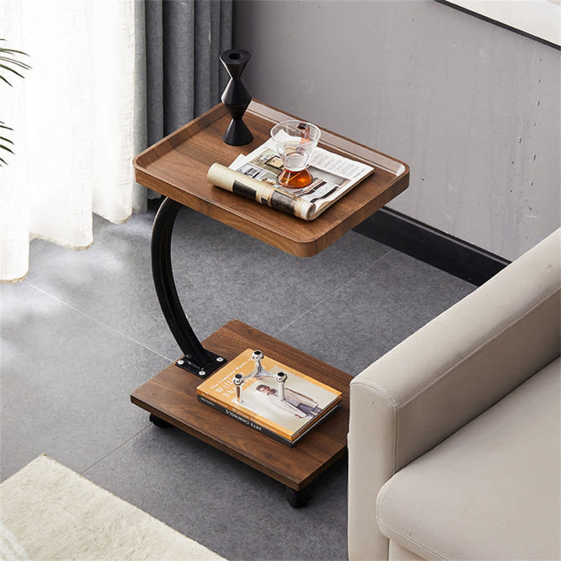 Ensemble de 1 table d'appoint pivotante à 360 degrés en bois de noyer avec plateau pivotant et roulettes pour table basse en C pour le salon et la chambre à coucher