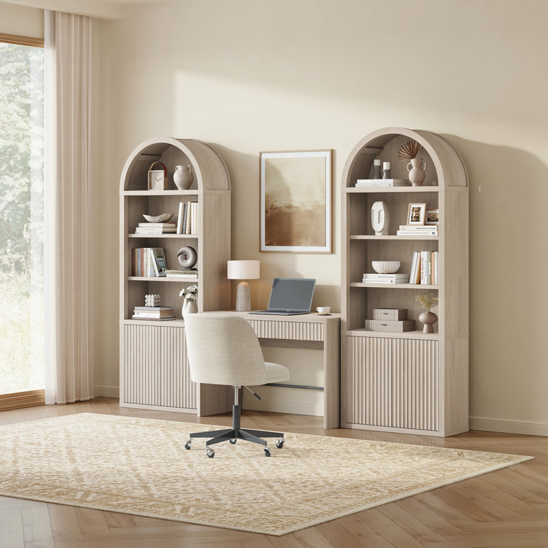 Bibliothèque à 5 niveaux avec 2 portes cannelées et tablettes réglables, Aulne blanc, 2