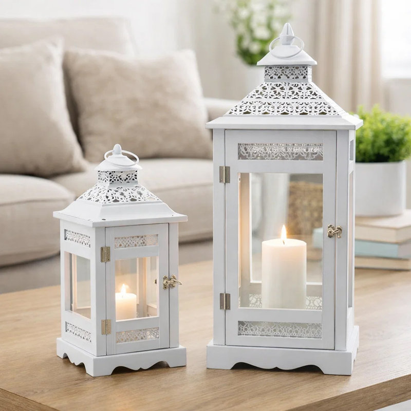 Ensemble de 2 lanternes décoratives, découpes classiques et panneaux de verre, blanc