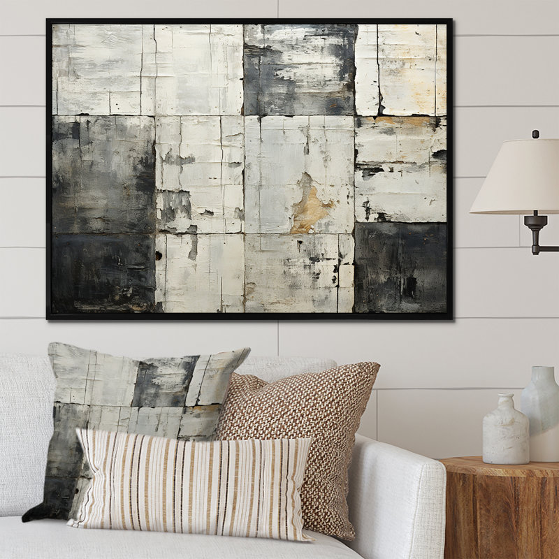 Carreau abstrait gris et gris II, H 24 po x l 32 po x P 1 po, Cadre flottant noir