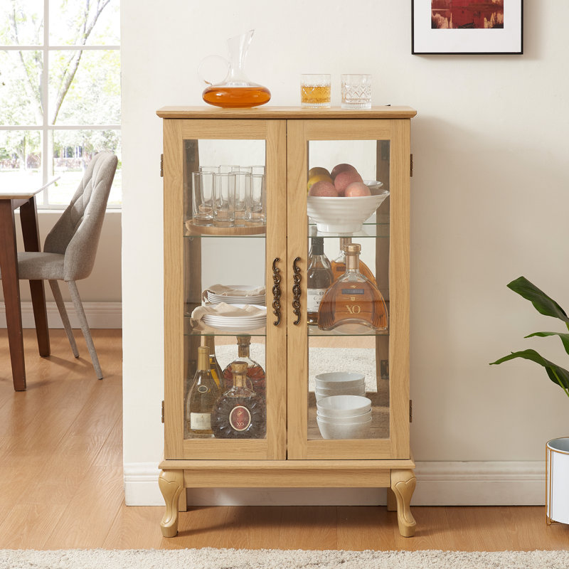 Elegant Display Cabinet With Lighted Interior And Adjustable Shelves - Fits Any Corner, Oak Tempered Glass Doors, Oak