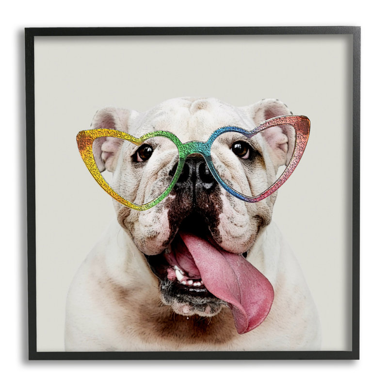 «Happy Bulldog Rainbow Heart Glasses», impression, Giclée encadrée noir minuit, H 12 po x l 12 po x P 1,5 po