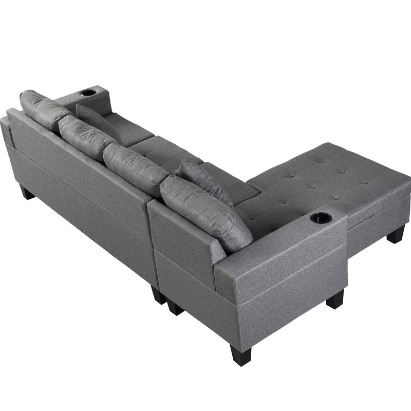 Canapé d'angle gris imitation lin pour salon - 4 places avec méridienne et porte-gobelet - Confortable et pratique