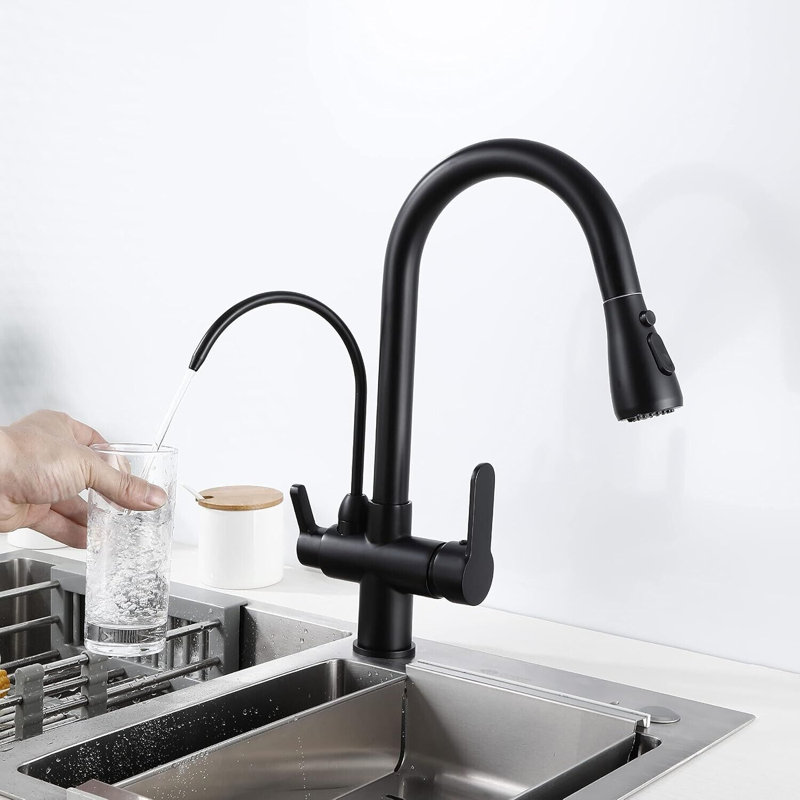 Kitchen Sink Faucet with Pull Down Sprayer 2 Handle 3 in 1 Water Filter Purifier Faucets, Matte Black