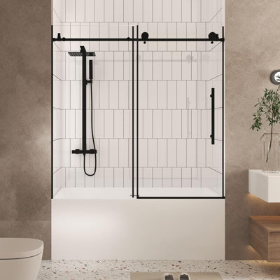 Porte de douche sans cadre de l 56 à 60 po x H 60 po, verre trempé transparent de 1/4 po (6 mm), film antidéflagrant, poignée en acier inoxydable, noir mat