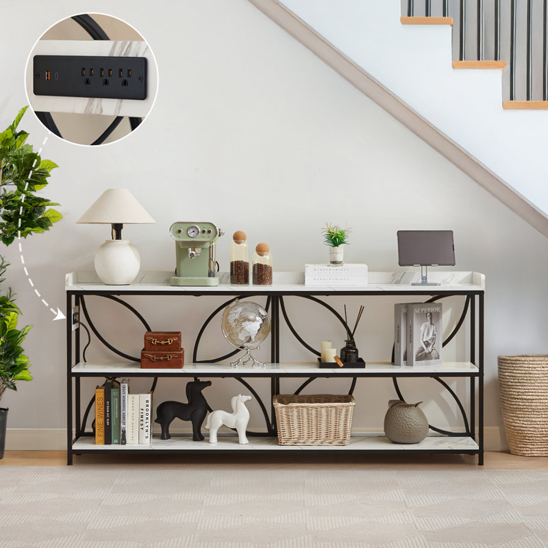 70.9" Marble White Console Table with Charging Ports and Metal Frame