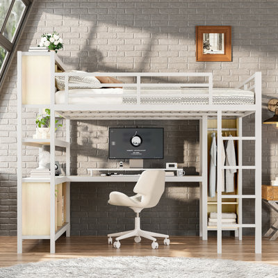 Lit mezzanine en métal avec garde-robe et bureau en forme de L, lit mezzanine grand format avec cubes de rangement et tablettes, lit mezzanine robuste pour enfants, adolescents, adultes, grain de bois blanc