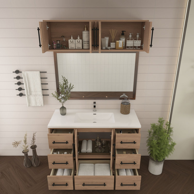 Victoria 48'' Freestanding Vanity with Reinforced Acrylic Sink + Top Cabinet, Red Oak