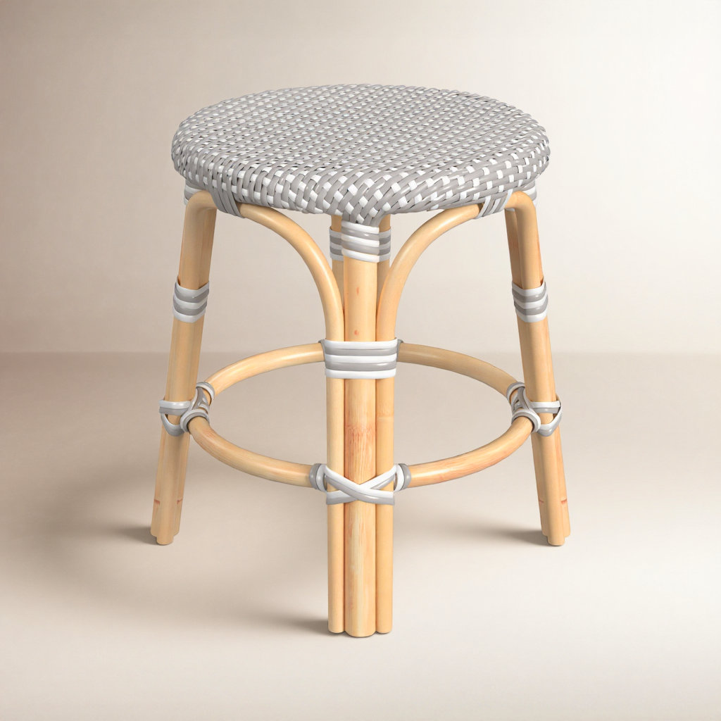 Alastair 18" Bar Stool, Gray/White Dot/Natural Rattan Frame