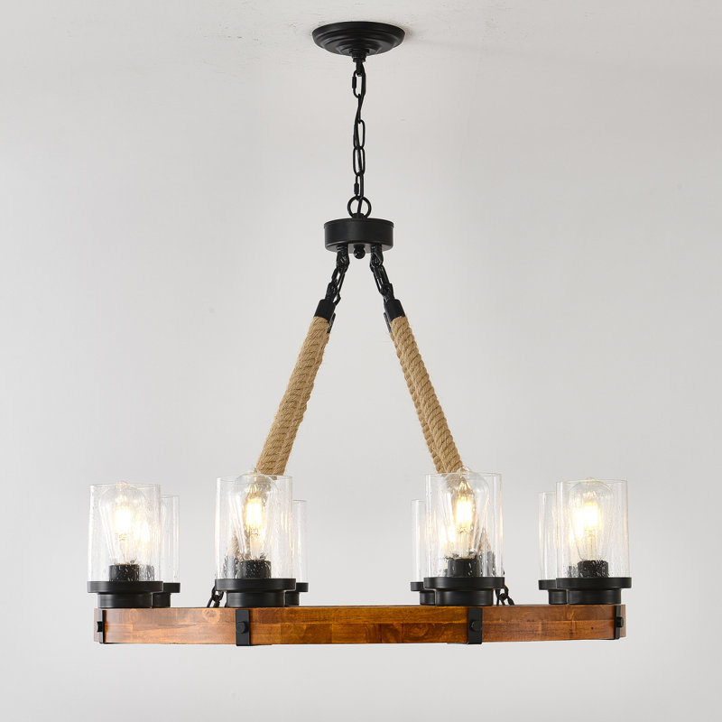 Lustre Rustic Wagon Wheel avec abat-jour en verre bullé