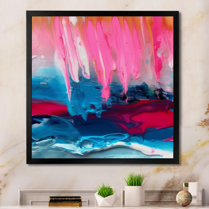 Deniko rose et bleu moderne abstrait - reproduction sur toile, Cadre photo noir, H 16 po x l 16 po x P 1 po