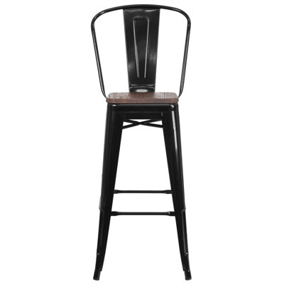 Marian Metal Bar or Counter Height Stool with Back and Wood Seat