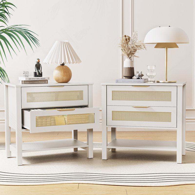 Table de chevet étroite en rotin avec 2 tiroirs et tablette de rangement Boho, Blanc