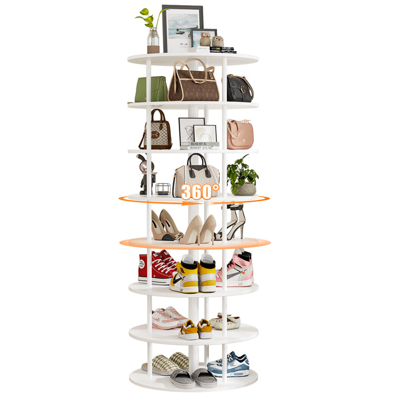 8-Tier 360°Revolving Shoe Storage Rotating Lazy Shoe Rack Entryway Bedroom Hallway, White Wood