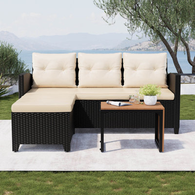 3 Piece Outdoor Sectional Patio Sofa, All-Weather Black Wicker Furniture Set With Wood Table And Cushions
